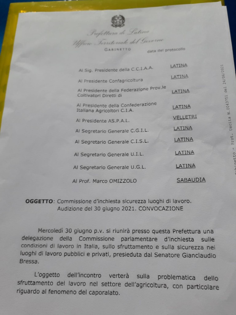 30 giugno - Convocazione Commissione d'inchiesta sicurezza luoghi i lavoro