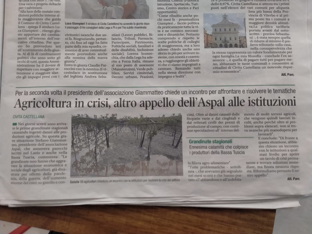 1 giugno - Agricoltura in crisi, altro appello dall'Aspal alle istituzioni