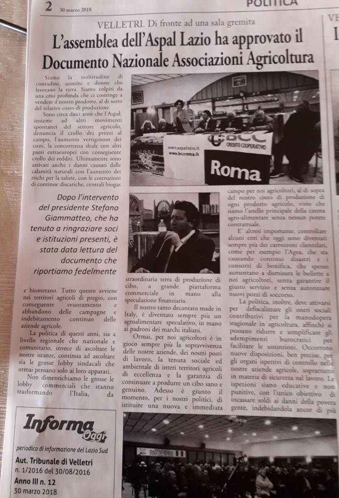 30 marzo - L'Assemblea dell'Aspal Lazio ha approvato il Documento Nazionale Associazioni Agricoltura