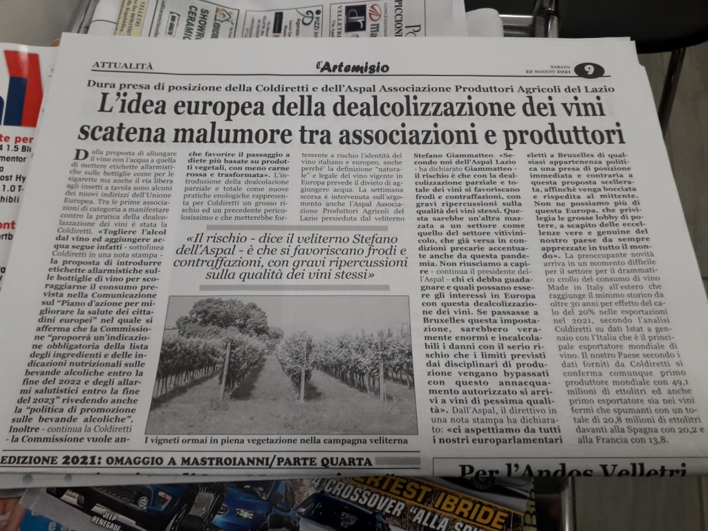 22 maggio - L'idea europea della dealcolizzazione dei vini scatena malumore tra associazioni e produttori