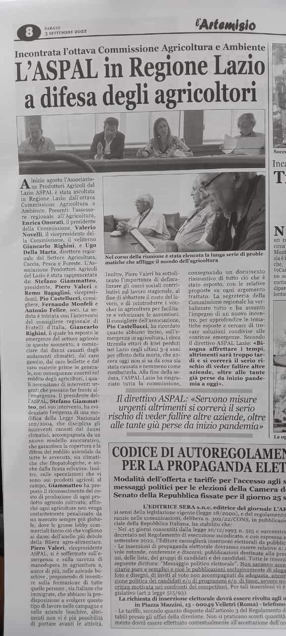 3 settembre - L'ASPAL in Regione Lazio a difesa degli agricoltori