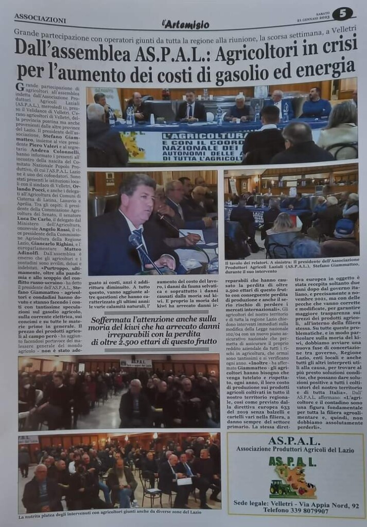 21 gennaio - Dall'assemblea AS.P.A.L.: Agricoltori in crisi per l'aumento dei costi di gasolio ed energia